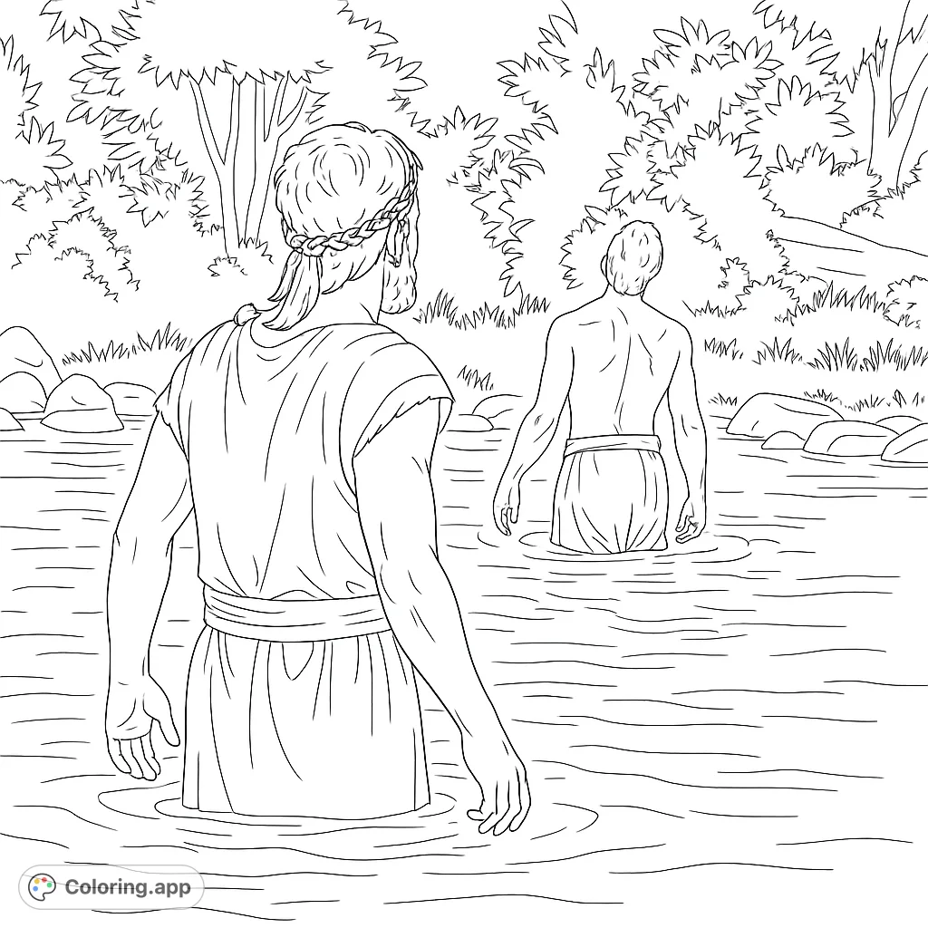 A serene biblical scene of two men in a river, surrounded by nature. Perfect for reflection and peaceful coloring.