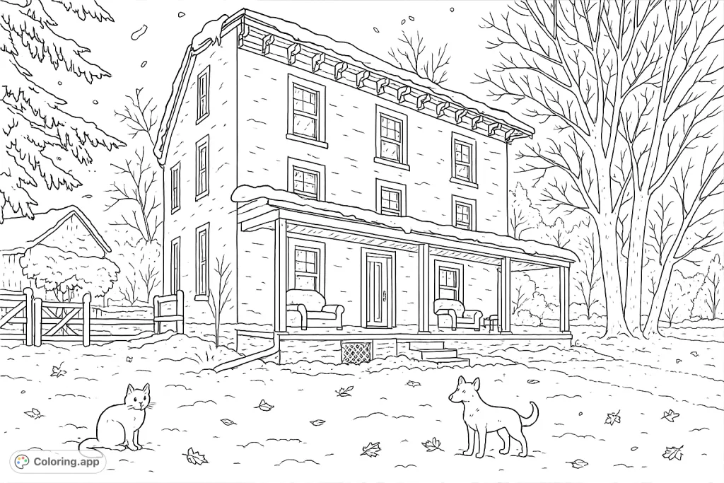 Explore a charming historic house coloring page, complete with pet companions and seasonal elements. A free printable coloring page for architecture enthusiasts and animal lovers.