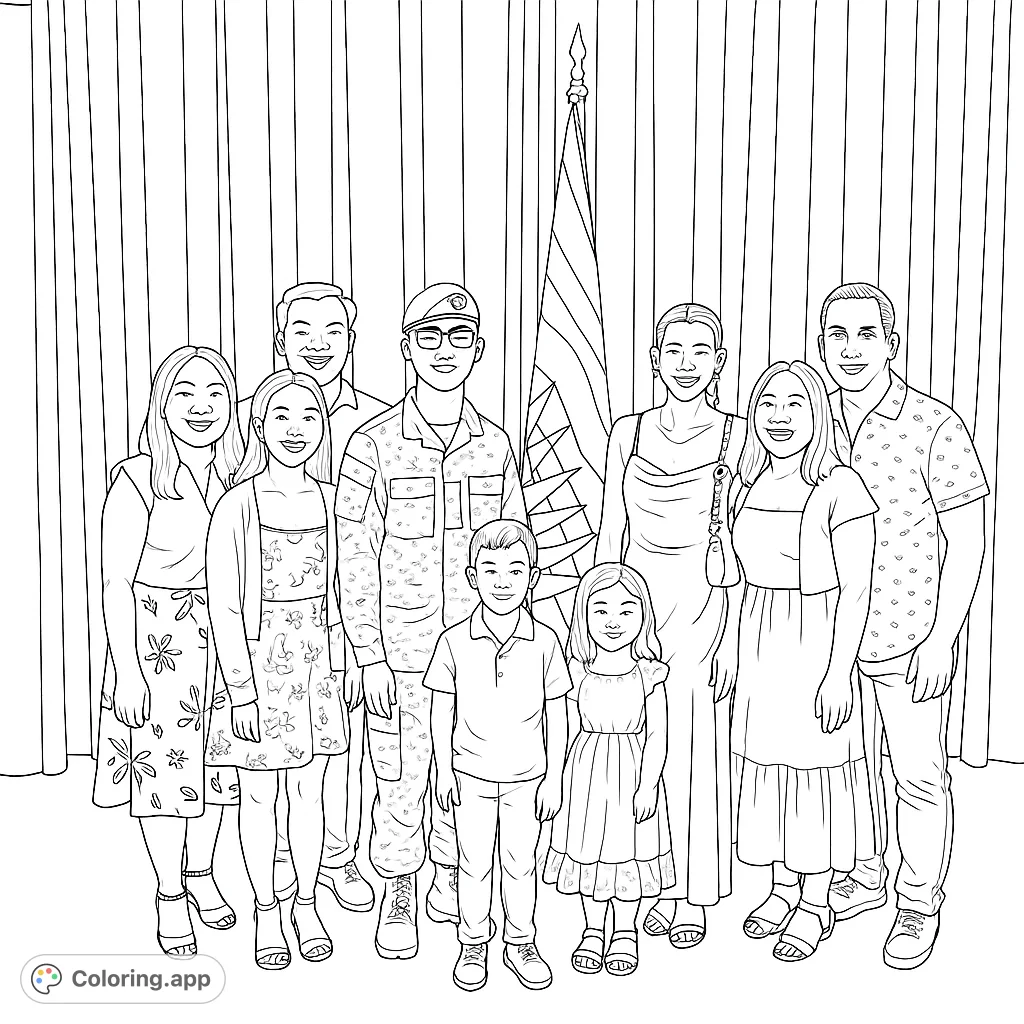 A heartwarming military family celebration portrait, perfect for a free printable coloring page. Features a soldier with loved ones, ideal for all ages.