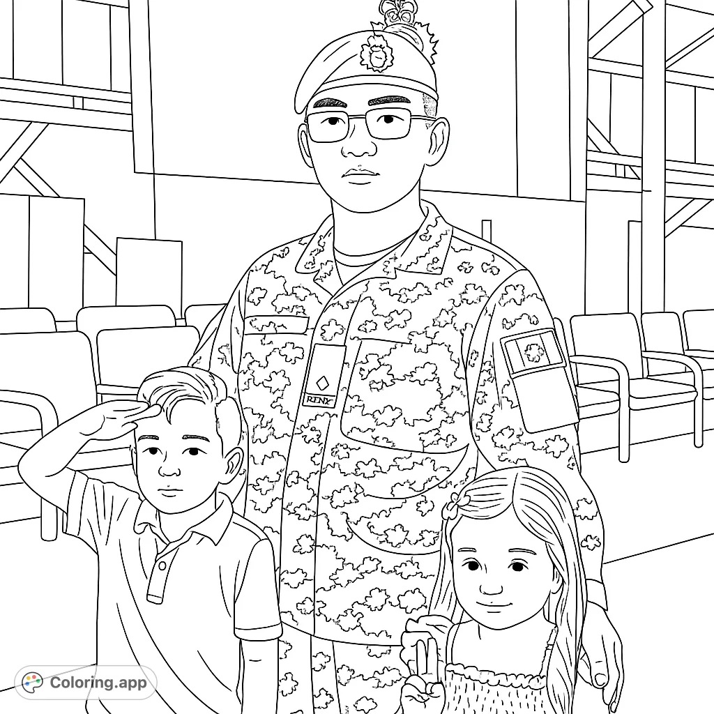 Heartwarming military family portrait coloring page. A soldier with two children, perfect for honoring service and family bonds.