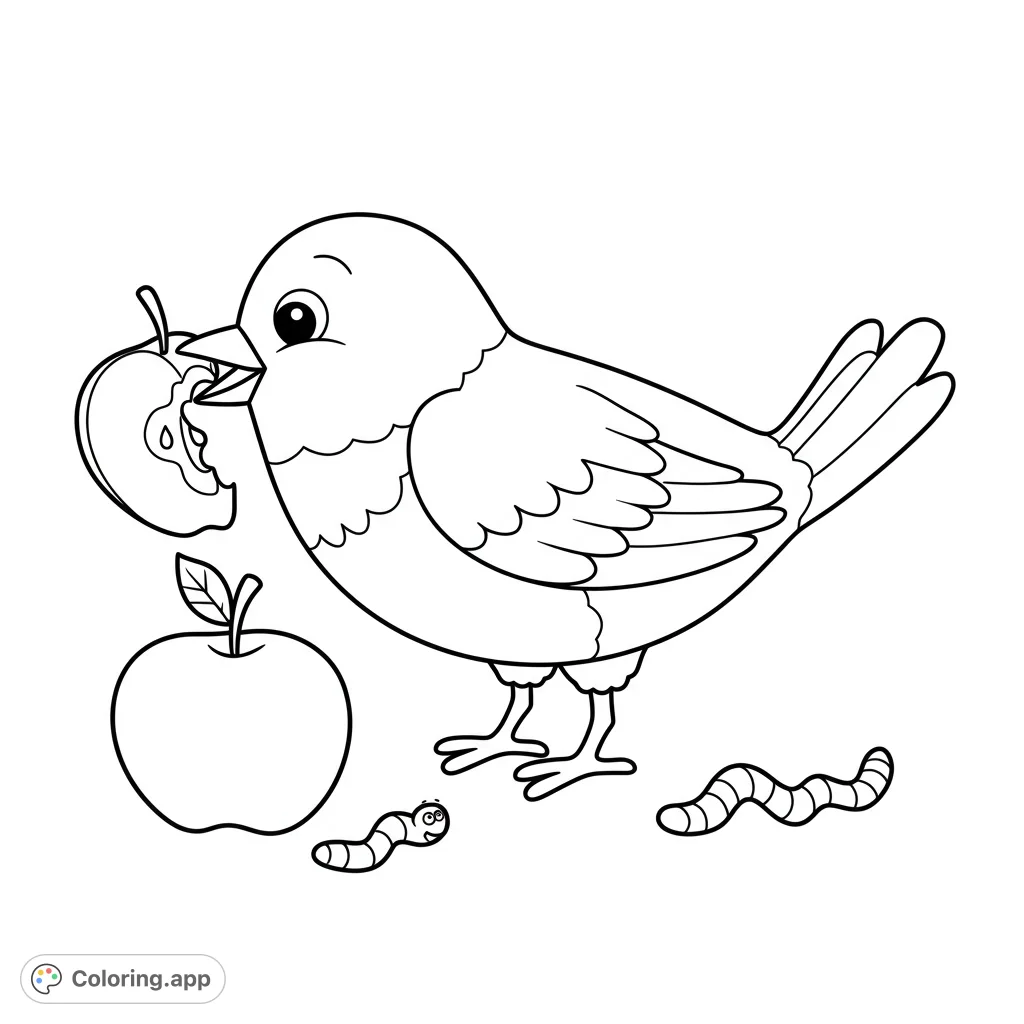 A charming bird enjoys an apple slice, with a whole apple and two friendly worms nearby. A delightful nature scene perfect for young colorists.