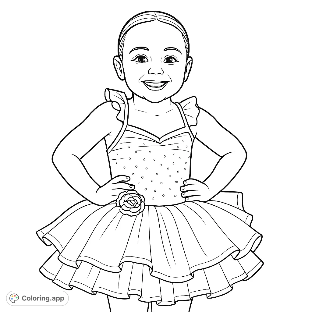 A delightful ballerina coloring page featuring a smiling young girl in a ruffled tutu dress with a rose detail, perfect for aspiring dancers.