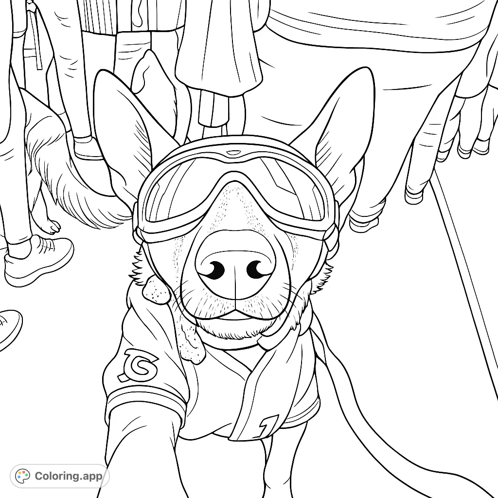 A cool dog in goggles and a jersey takes a fun selfie, surrounded by friends. A playful, free printable dog coloring page for all ages!
