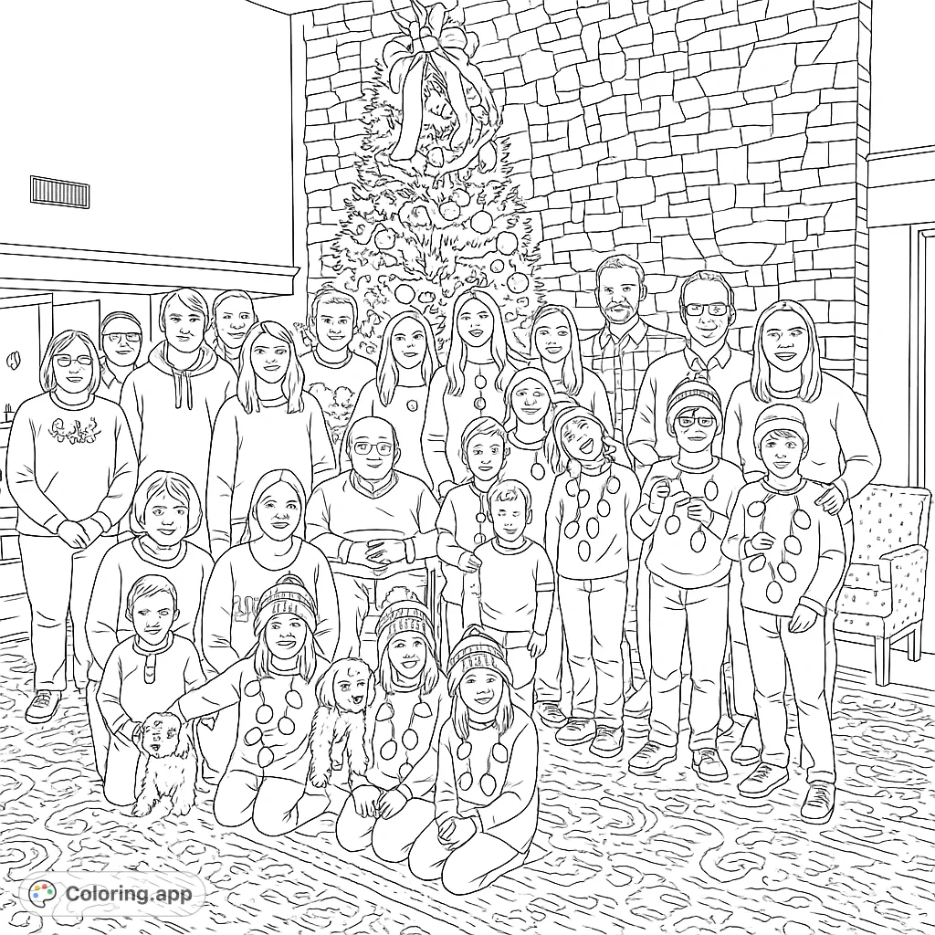 A heartwarming family Christmas gathering coloring page, featuring a large group of adults and children with a festive tree and cozy fireplace.