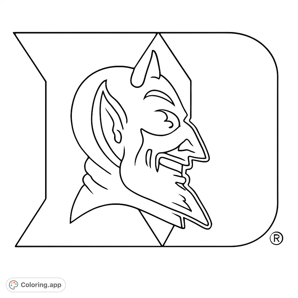 A bold line drawing of a stylized devil's head in profile, integrated into a large letter D shape, perfect for coloring and creative expression.