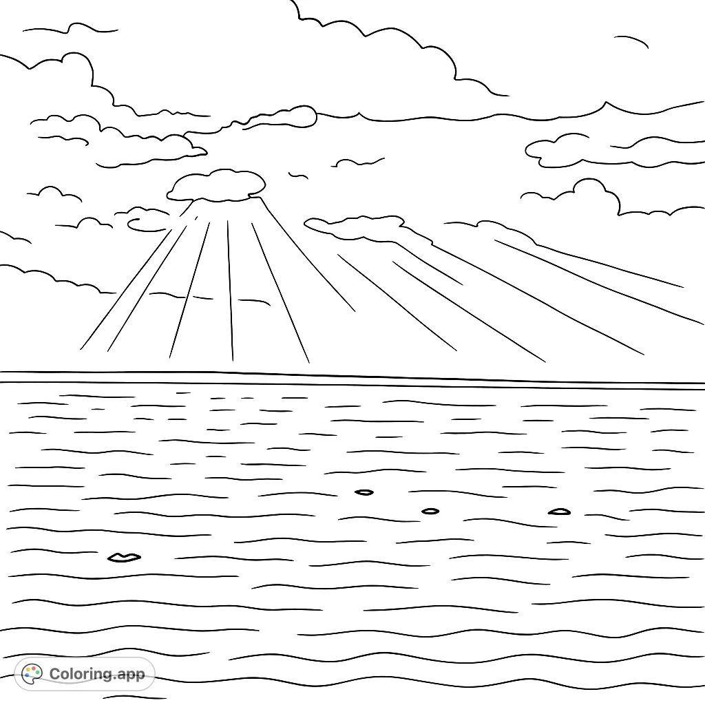 Capture the peaceful beauty of sun rays breaking through clouds over a calm, rippling ocean. A serene nature scene for all ages.