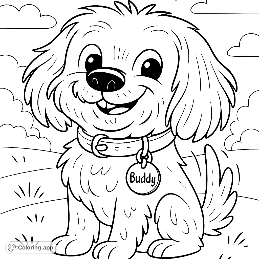 A delightful puppy coloring page featuring a fluffy, smiling dog with a collar and tag, set in a simple outdoor scene. Perfect for kids and dog lovers!