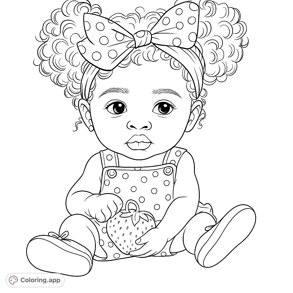 A charming baby with curly pigtails and a polka-dot bow, holding a strawberry. A delightful free printable baby coloring page for all ages.