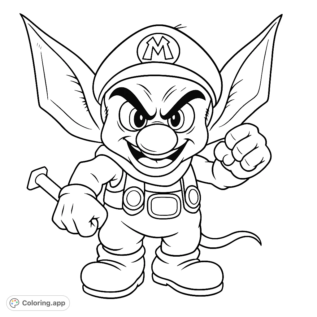 A mischievous goblin character with large ears, a cap, and overalls, holding a bat and clenching a fist. Perfect for fantasy fans.