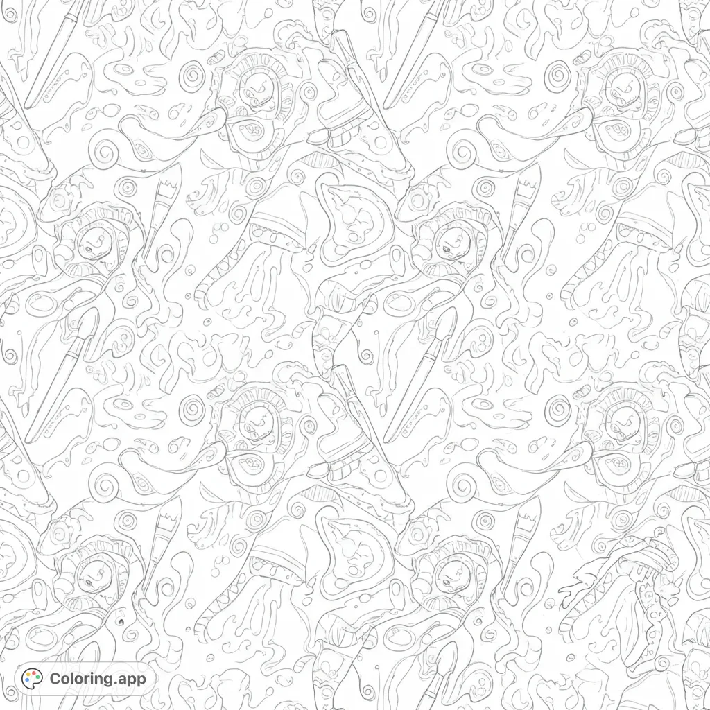 Unleash creativity with this intricate art supplies pattern coloring page! Features paint tubes, brushes, and vibrant splatters for endless artistic fun.
