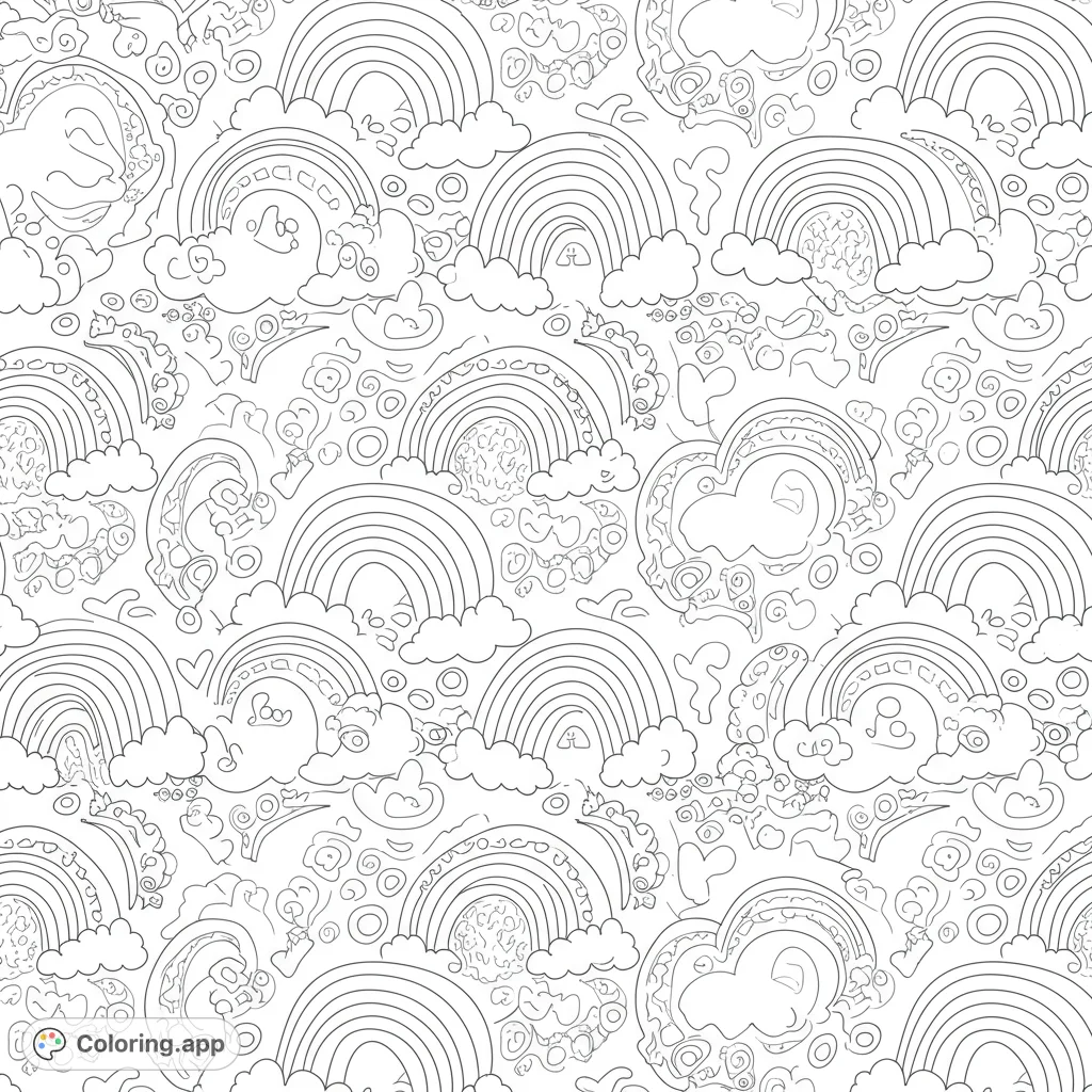 A delightful, repeating pattern of whimsical rainbows and fluffy clouds, adorned with playful hearts and swirls. Perfect for a cheerful coloring experience.