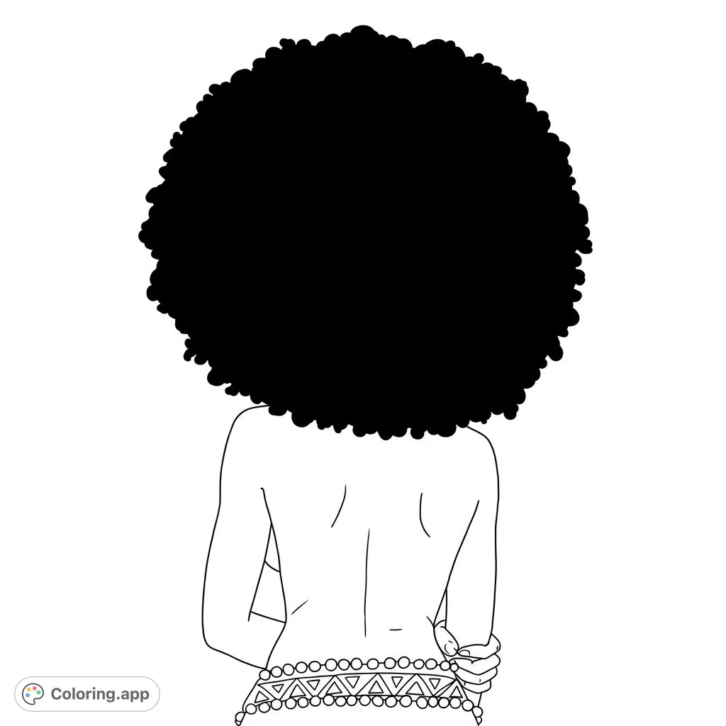 A striking afro beauty coloring page featuring a person from the back with a voluminous afro and a detailed geometric patterned belt.