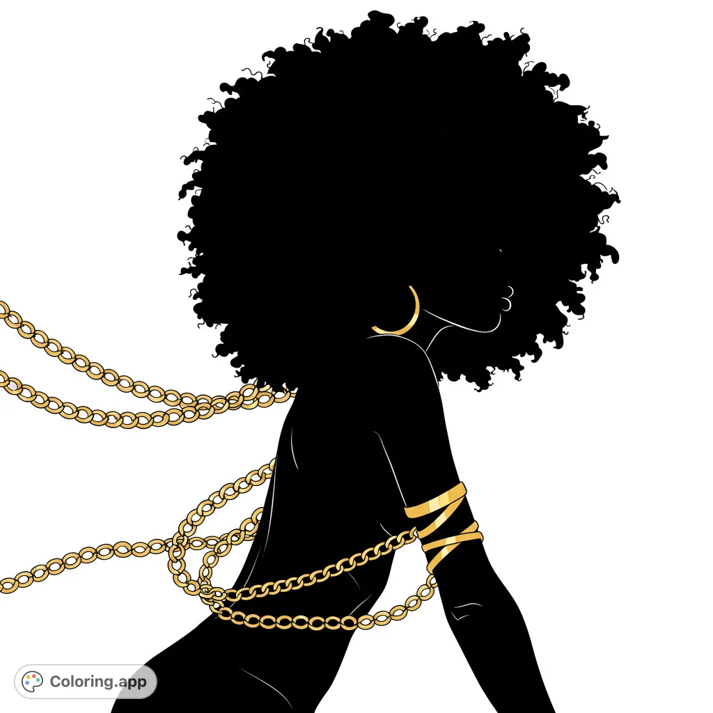 Striking afro silhouette adorned with elegant chains and armbands. A powerful and stylish free printable coloring page for adults.