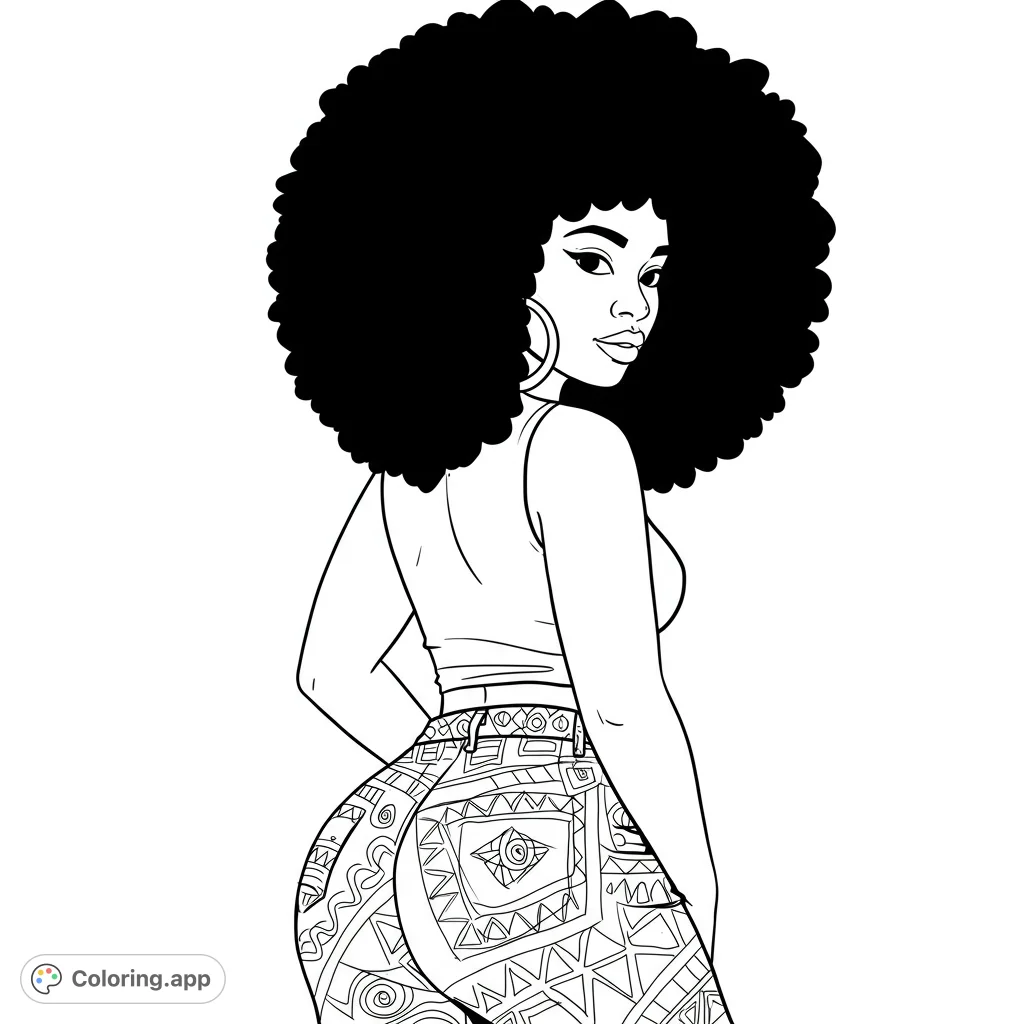 Empowering woman with a voluminous afro and intricately patterned pants. A stylish and confident figure, perfect for creative expression and vibrant colors.