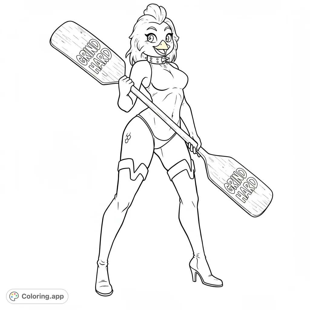 A dynamic chicken character in a confident pose, holding a large paddle. Features a unique blend of avian and human elements, perfect for creative coloring.