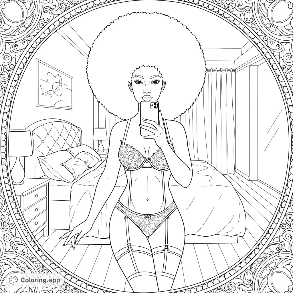 A stunning woman with a voluminous afro takes a selfie in an ornate mirror, revealing a detailed bedroom background. Perfect for adult colorists.