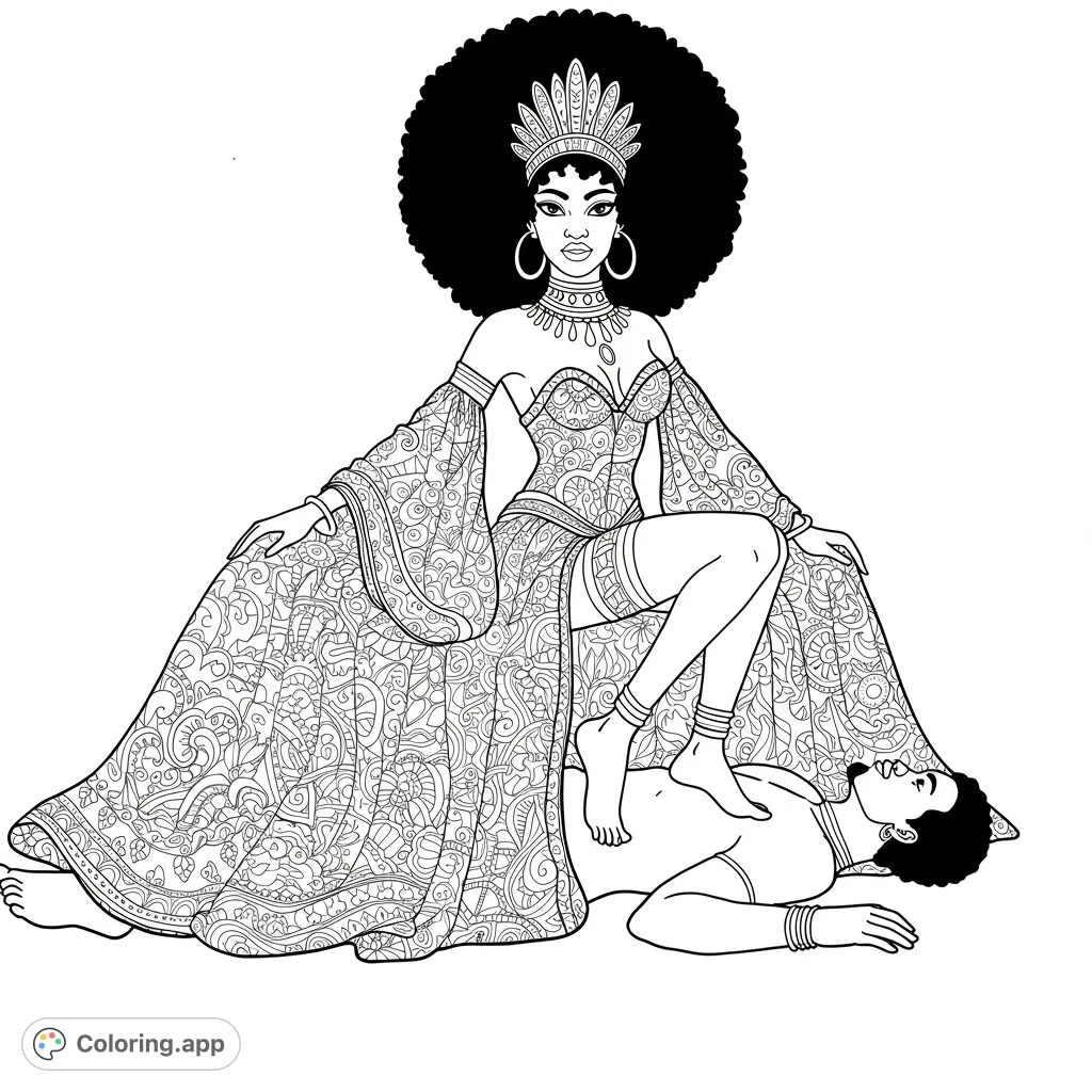 A powerful queen with a majestic afro and intricate gown, her foot resting on a man. A detailed, empowering coloring page.