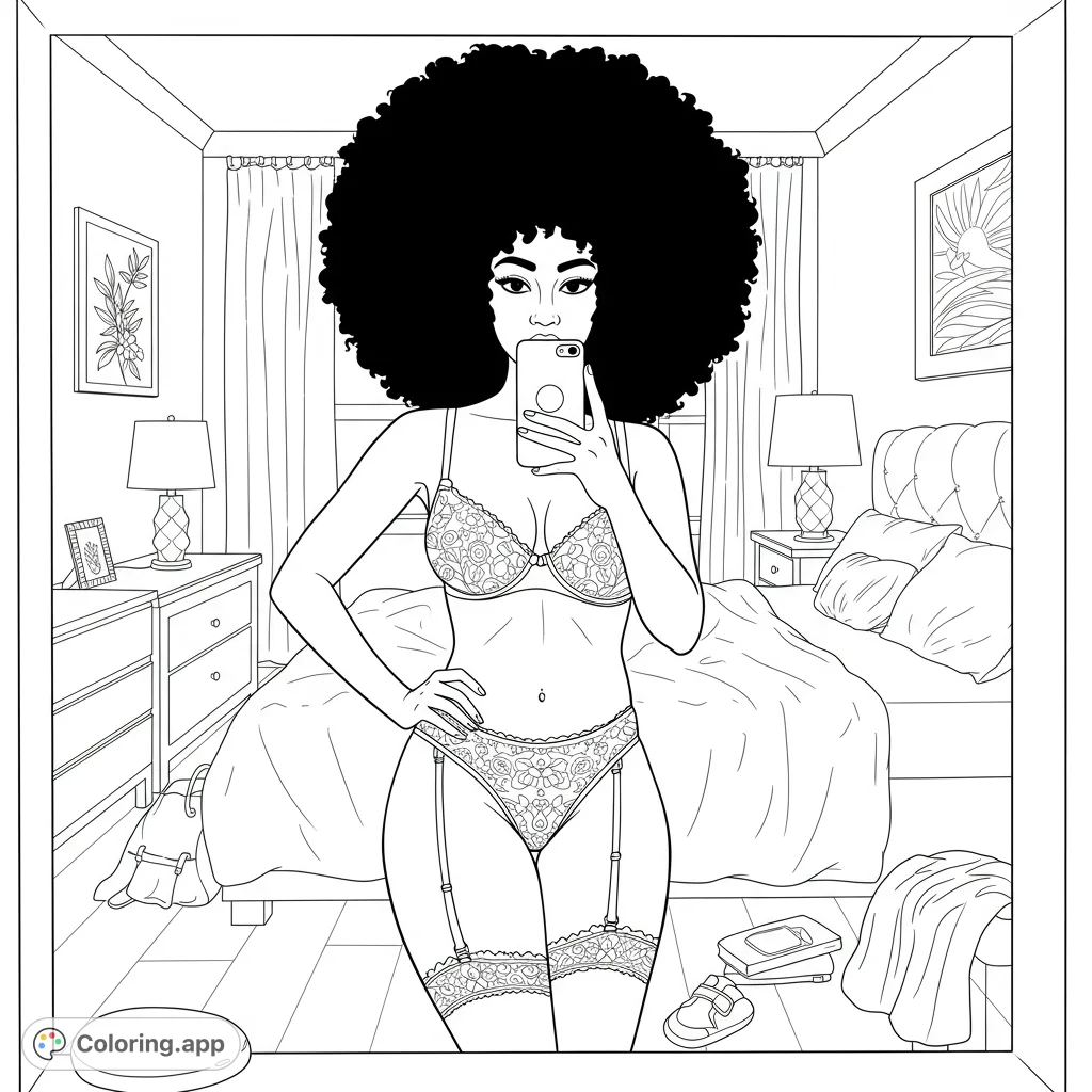 A stylish woman with a large afro takes a mirror selfie in her bedroom, showcasing intricate lingerie details. A modern, empowering selfie coloring page.