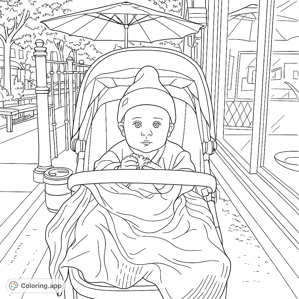 Adorable baby in a stroller, ready for a city adventure. Perfect for a charming baby coloring page.