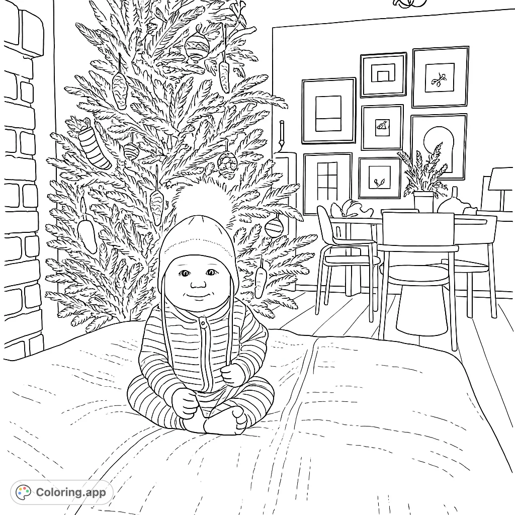 Adorable baby in a festive Christmas scene with a decorated tree, perfect for a heartwarming holiday coloring page. Free printable for kids & adults!