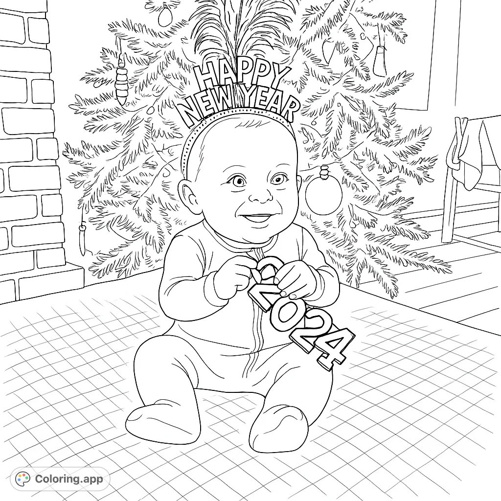 Adorable baby celebrates New Year with a festive headband and 2024 numbers, perfect for a joyful holiday coloring page.