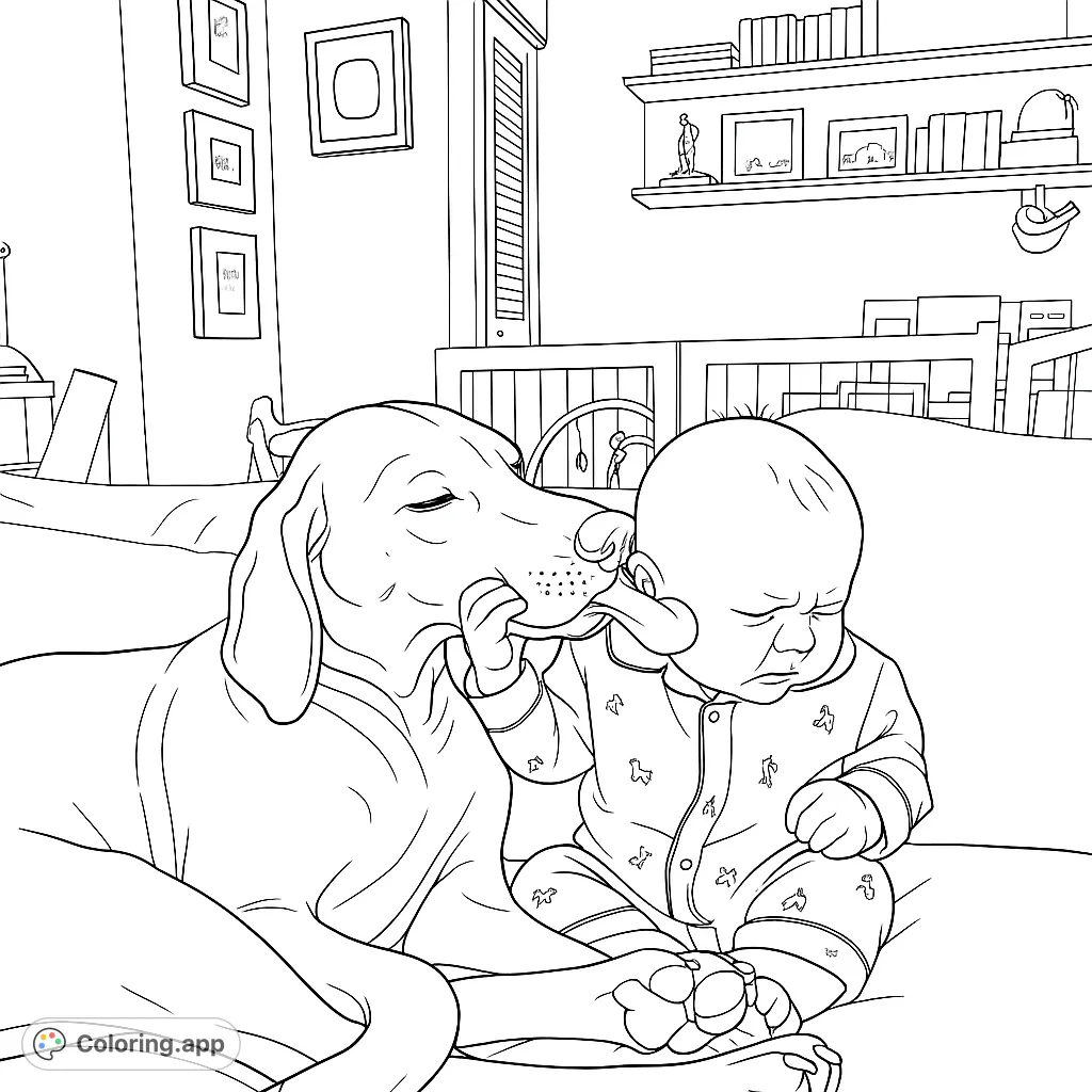 A heartwarming dog and baby coloring page, featuring a gentle dog licking a baby's face in a cozy room. Perfect free printable coloring page for kids and adults.