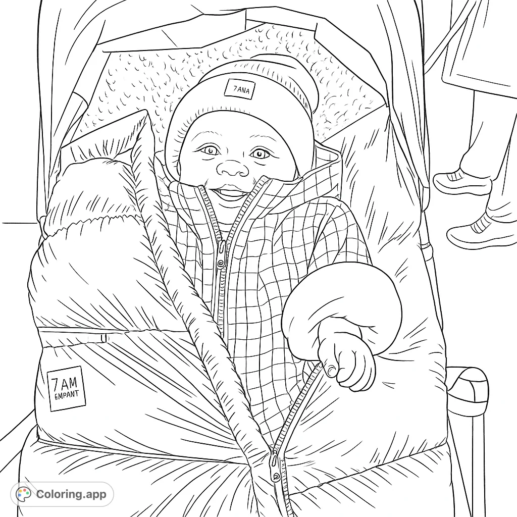 A joyful baby bundled in a cozy stroller, ready for a colorful adventure! Perfect for a heartwarming and engaging coloring experience.