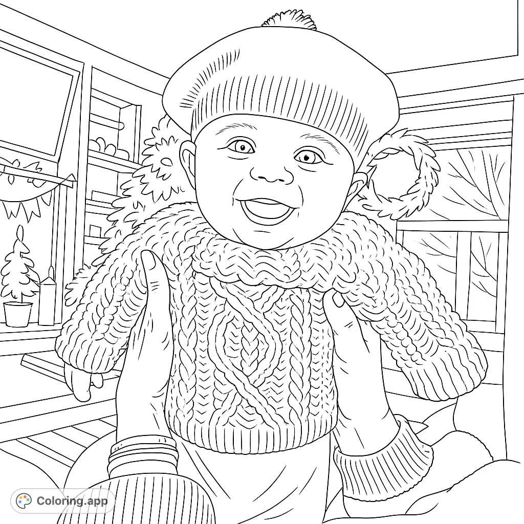 Adorable baby in a cozy cable-knit sweater and pom-pom hat, held by loving hands, with a festive holiday background. Perfect for a heartwarming coloring experience!