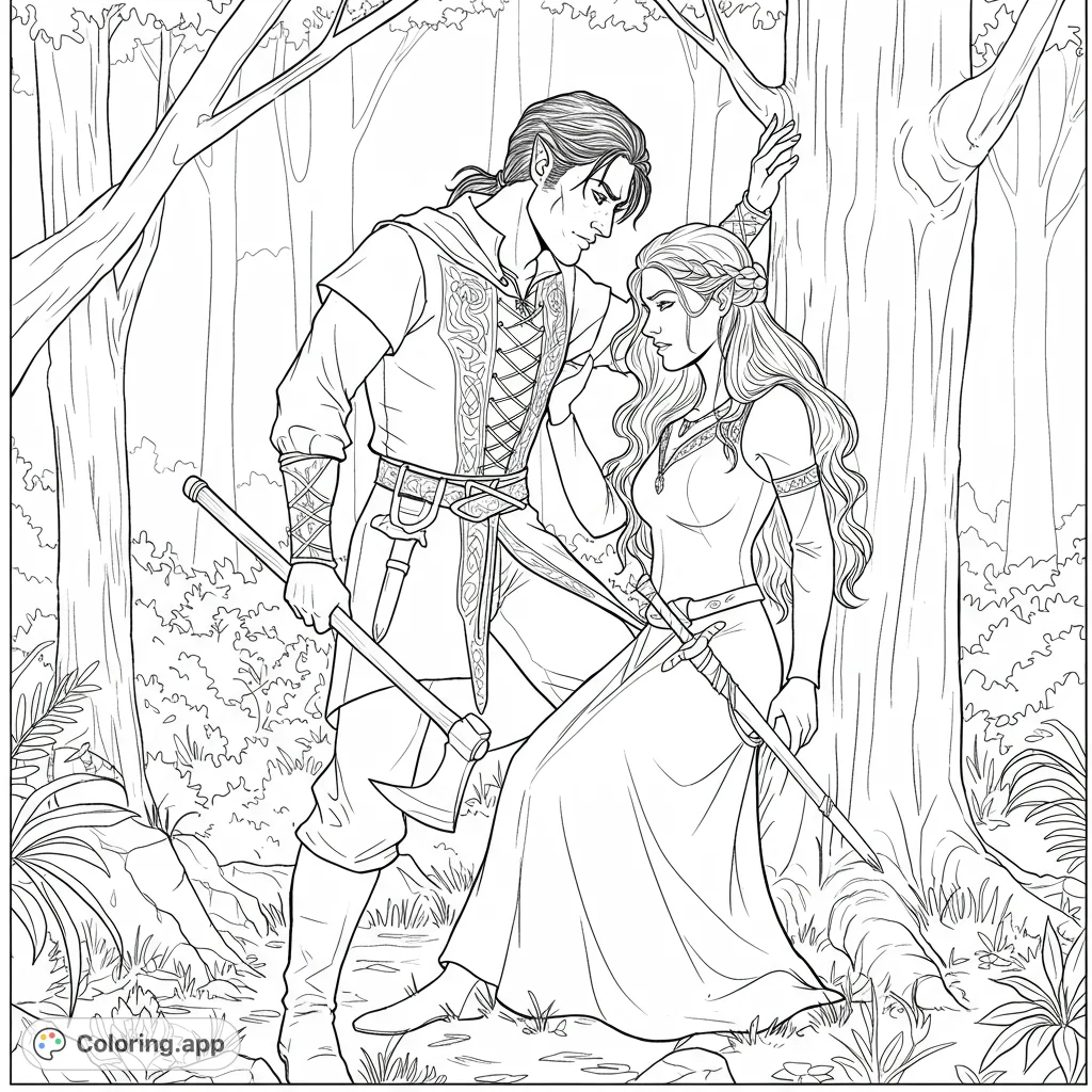 An enchanting fantasy forest coloring page featuring an elven couple amidst ancient trees and lush foliage, perfect for magical adventures.