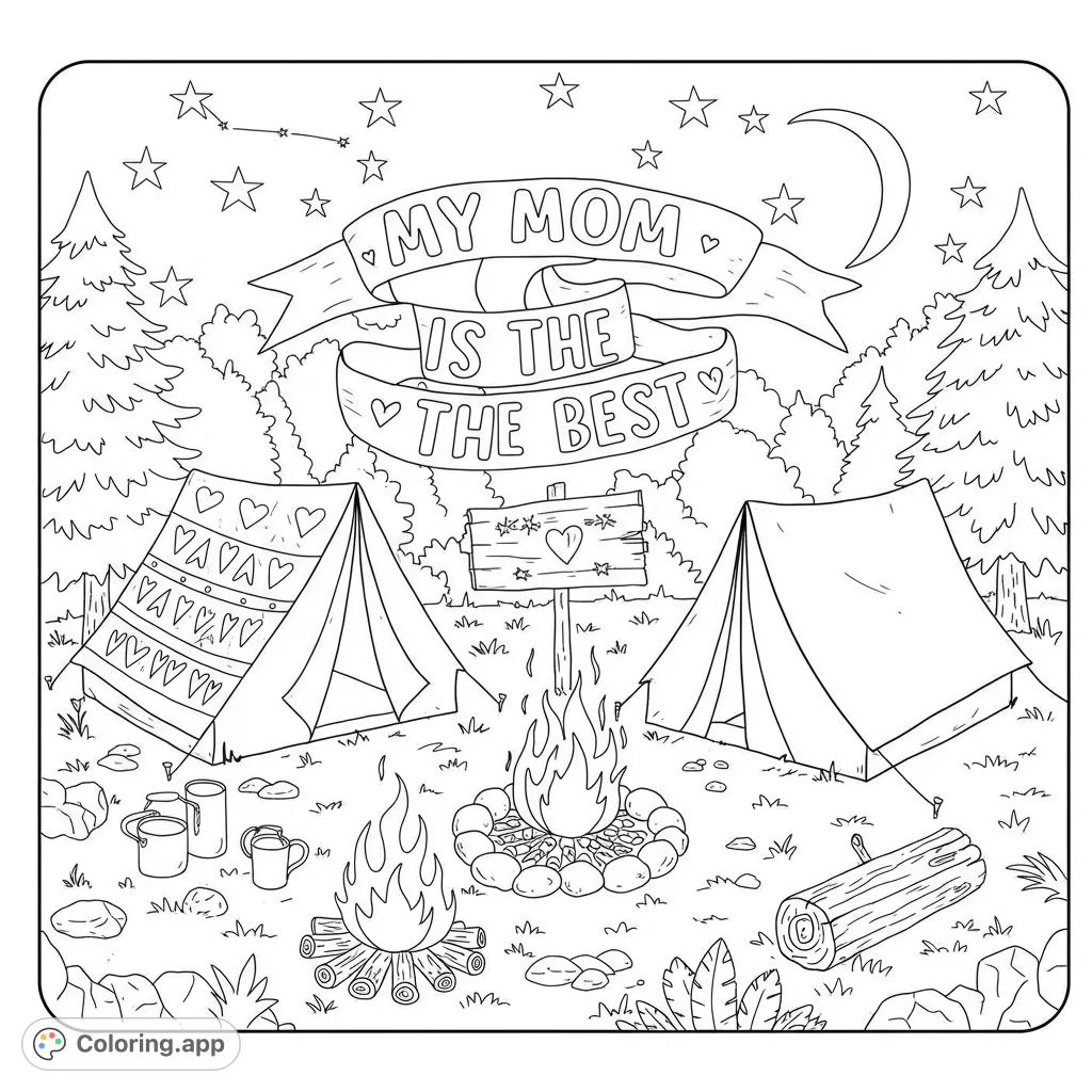 A heartwarming camping scene with tents, campfires, and a special banner, perfect for celebrating Mom. A free printable nature coloring page.