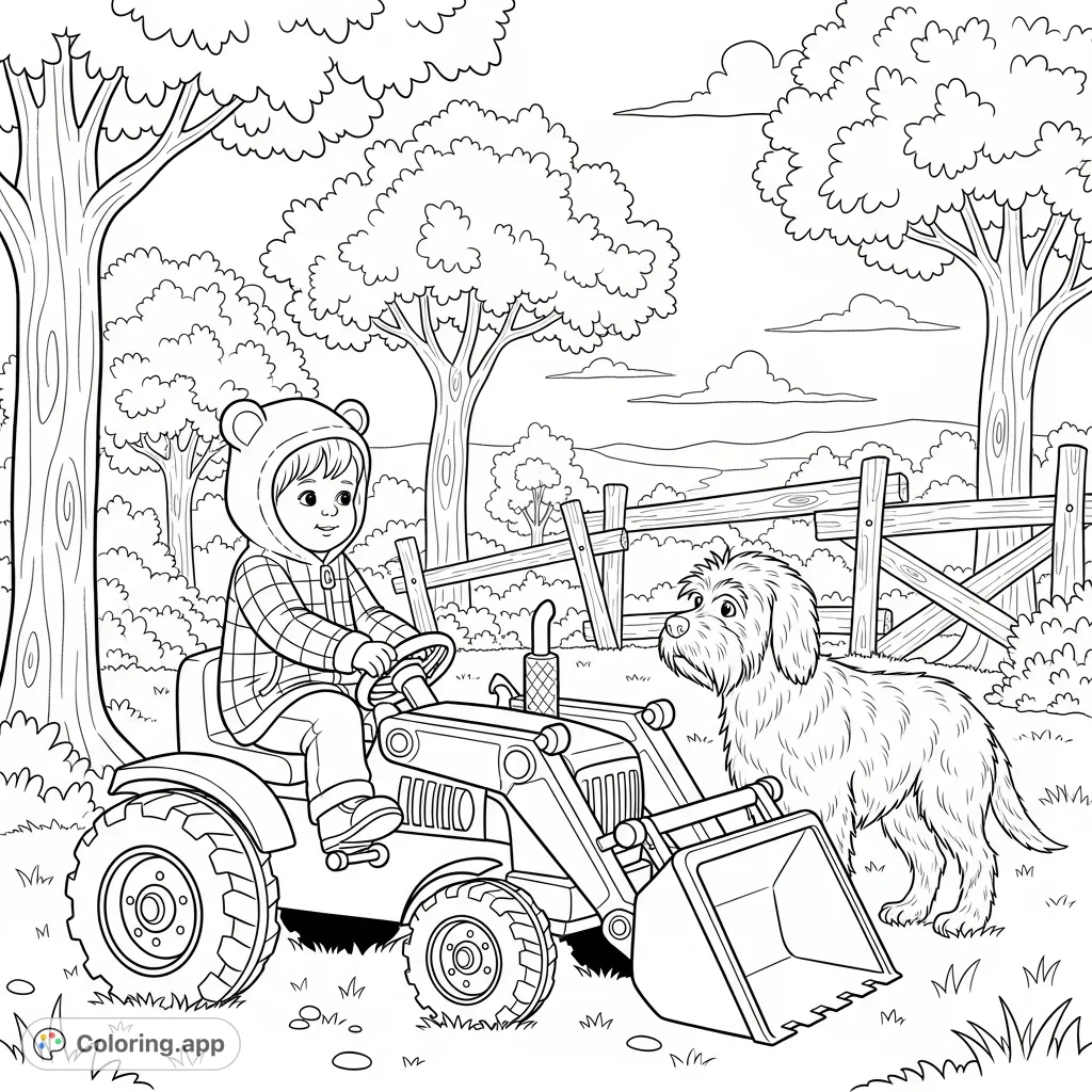 A delightful farm life coloring page featuring a child on a toy tractor with a shaggy dog, set against a rustic outdoor backdrop. Perfect for imaginative play.