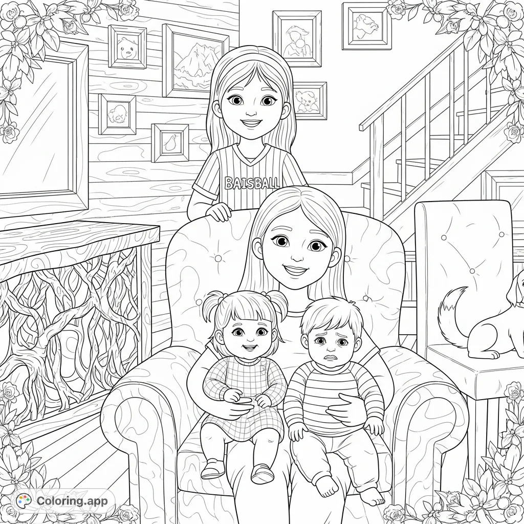 A heartwarming family scene with four individuals, including two toddlers, gathered in a cozy room. Features detailed furniture, a unique root structure, and a staircase.