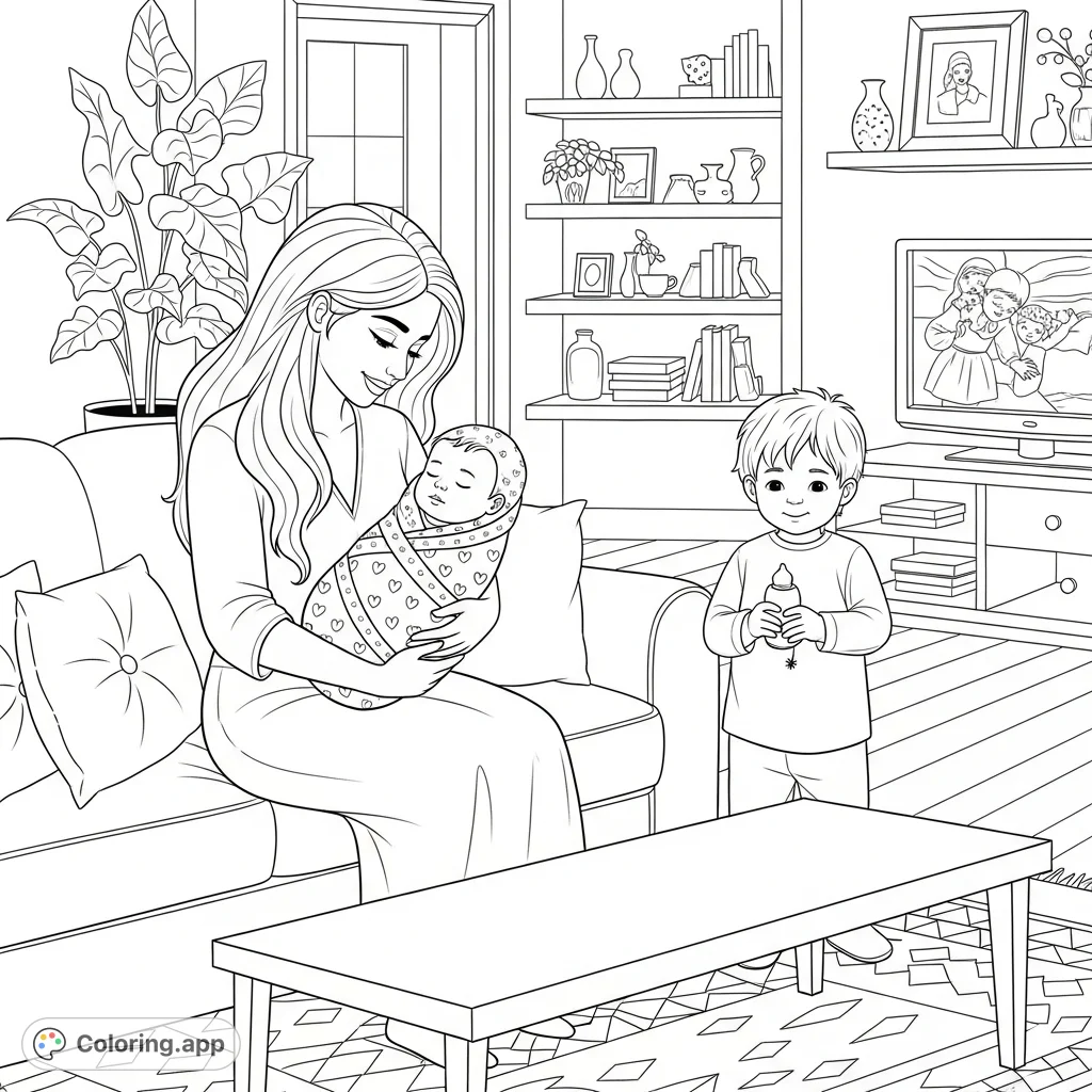 A heartwarming family scene with a woman cradling a newborn, a child nearby, set in a cozy living room. A detailed, free printable family love coloring page.