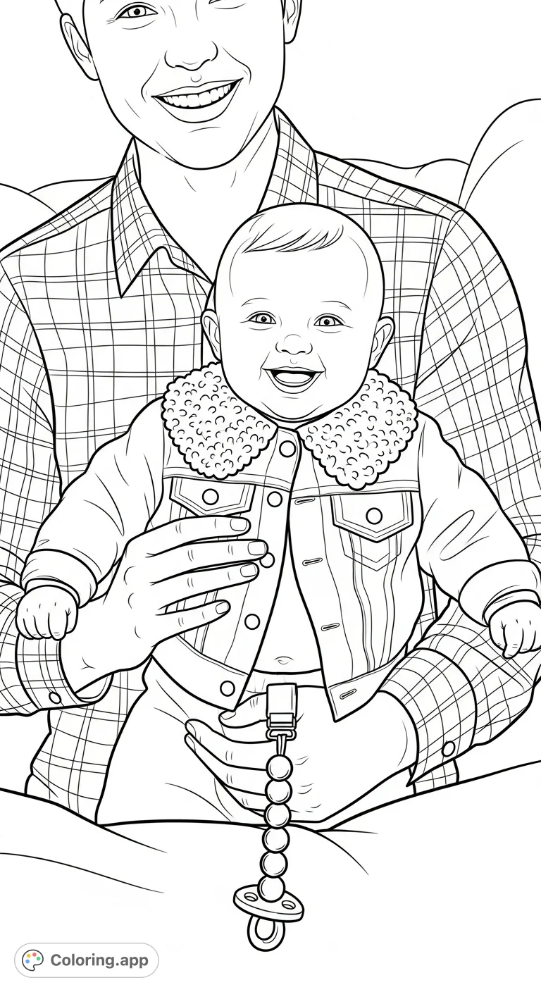 A heartwarming coloring page featuring a smiling adult holding a cheerful baby in a denim jacket, with a detailed paci-clip. Perfect for family themes.