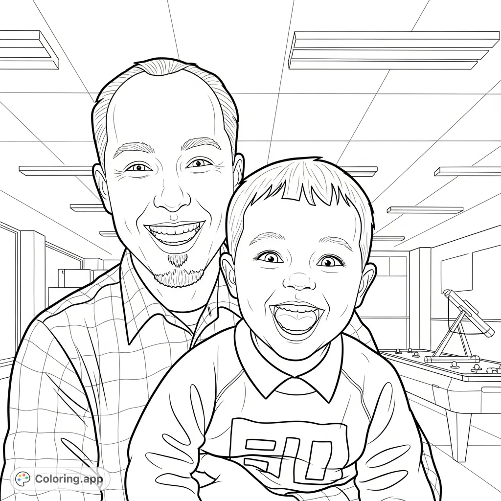Capture a heartwarming moment with this free printable coloring page featuring a smiling adult and child in an indoor recreational setting. A delightful family scene.