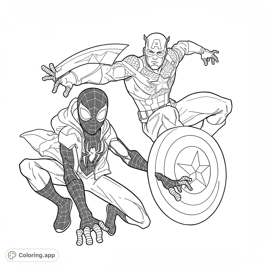 Action-packed superhero duo featuring Spider-Man and Captain America in dynamic poses. A free printable superhero coloring page for all ages.