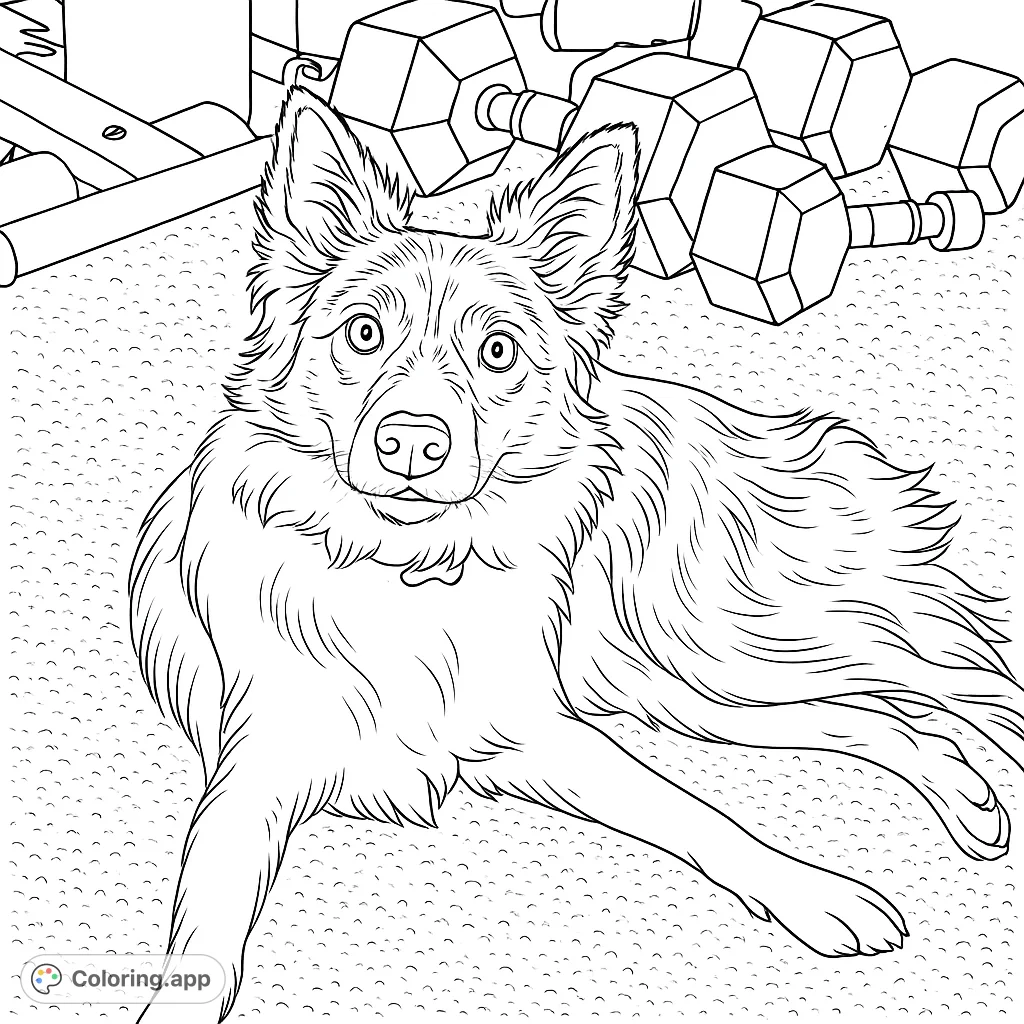 A detailed line drawing of a loyal dog resting in a gym, surrounded by fitness equipment. Perfect for dog lovers and fitness enthusiasts.
