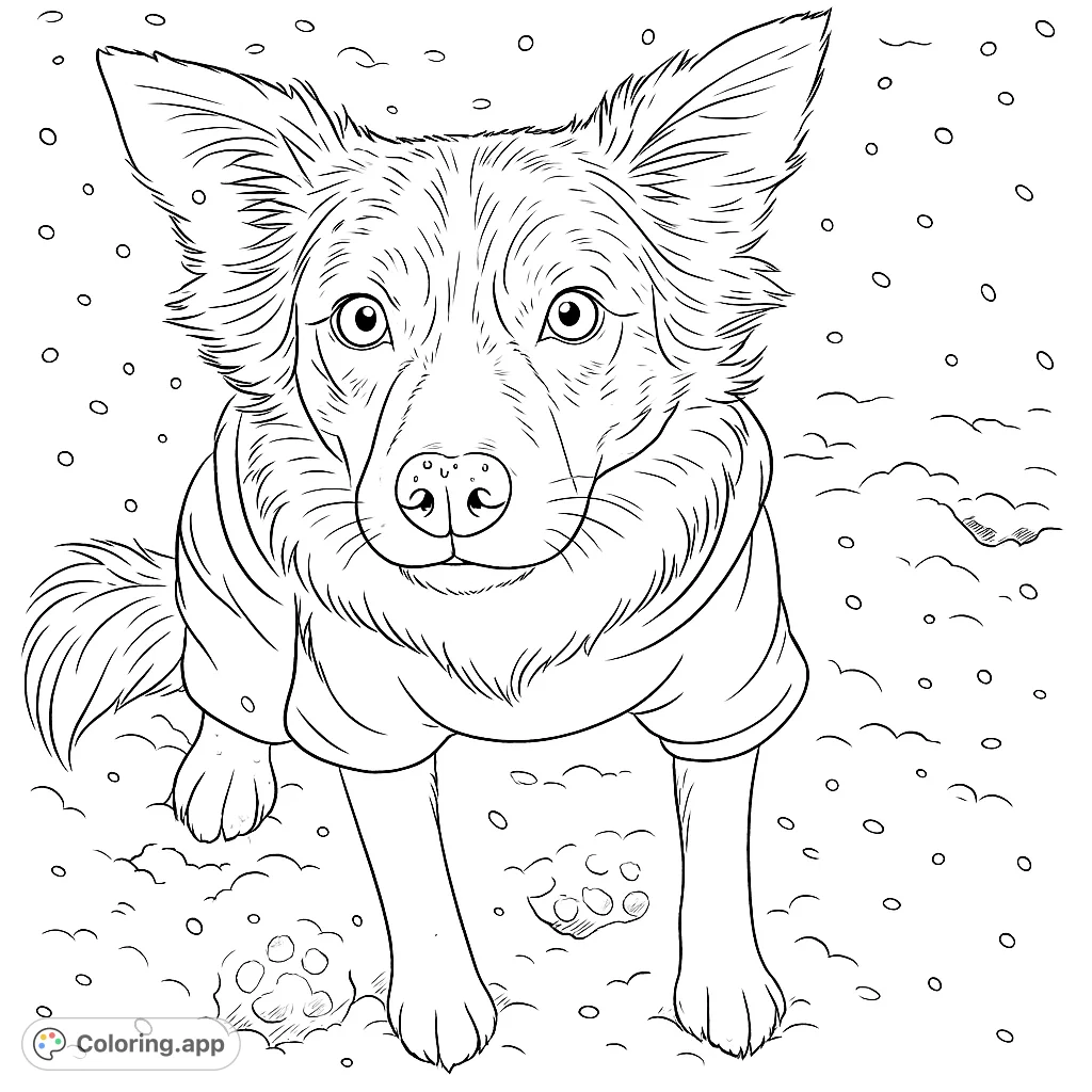 Adorable dog in a cozy sweater, sitting amidst falling snow. A charming winter scene perfect for a free printable dog coloring page.