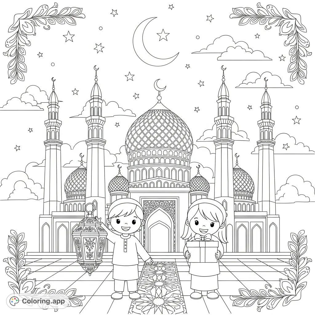 Immerse yourself in the joy of Eid with a beautiful mosque, crescent moon, stars, and happy children holding festive lanterns and gifts.