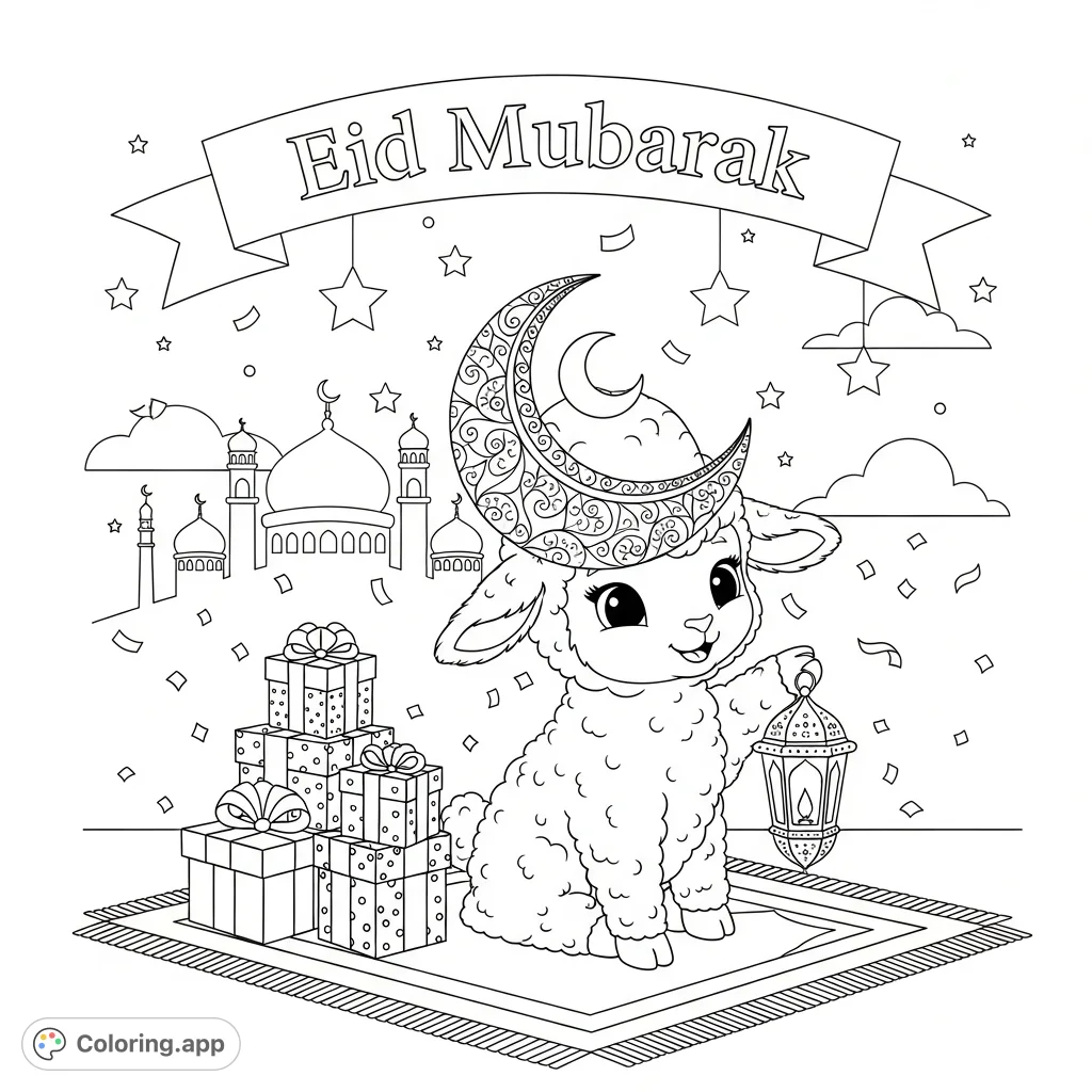 An adorable lamb in a crescent moon hat, sitting on a prayer mat with Eid gifts and a mosque backdrop, spreading "Eid Mubarak" cheer. A joyful Eid Mubarak coloring page.