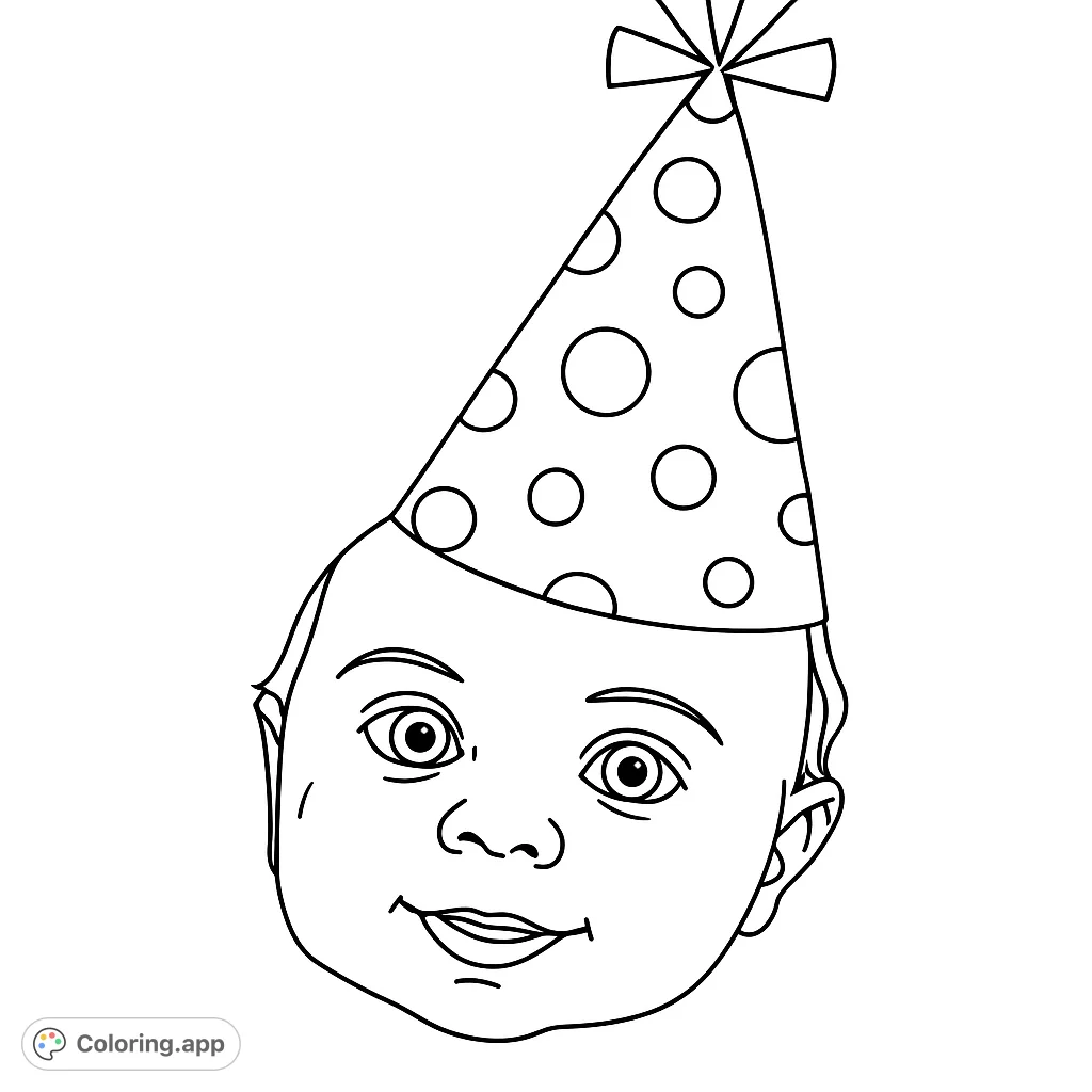 A delightful baby wearing a polka-dotted party hat, perfect for celebrating. This free printable coloring page is ideal for kids and adults, offering simple, joyful coloring fun.