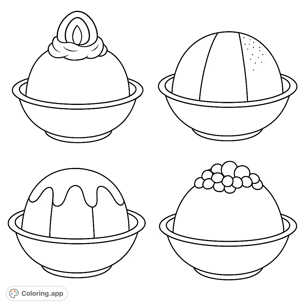 Delightful dessert bowls coloring page featuring four unique sweet treats. Perfect for foodies and creative minds seeking a free printable coloring page.