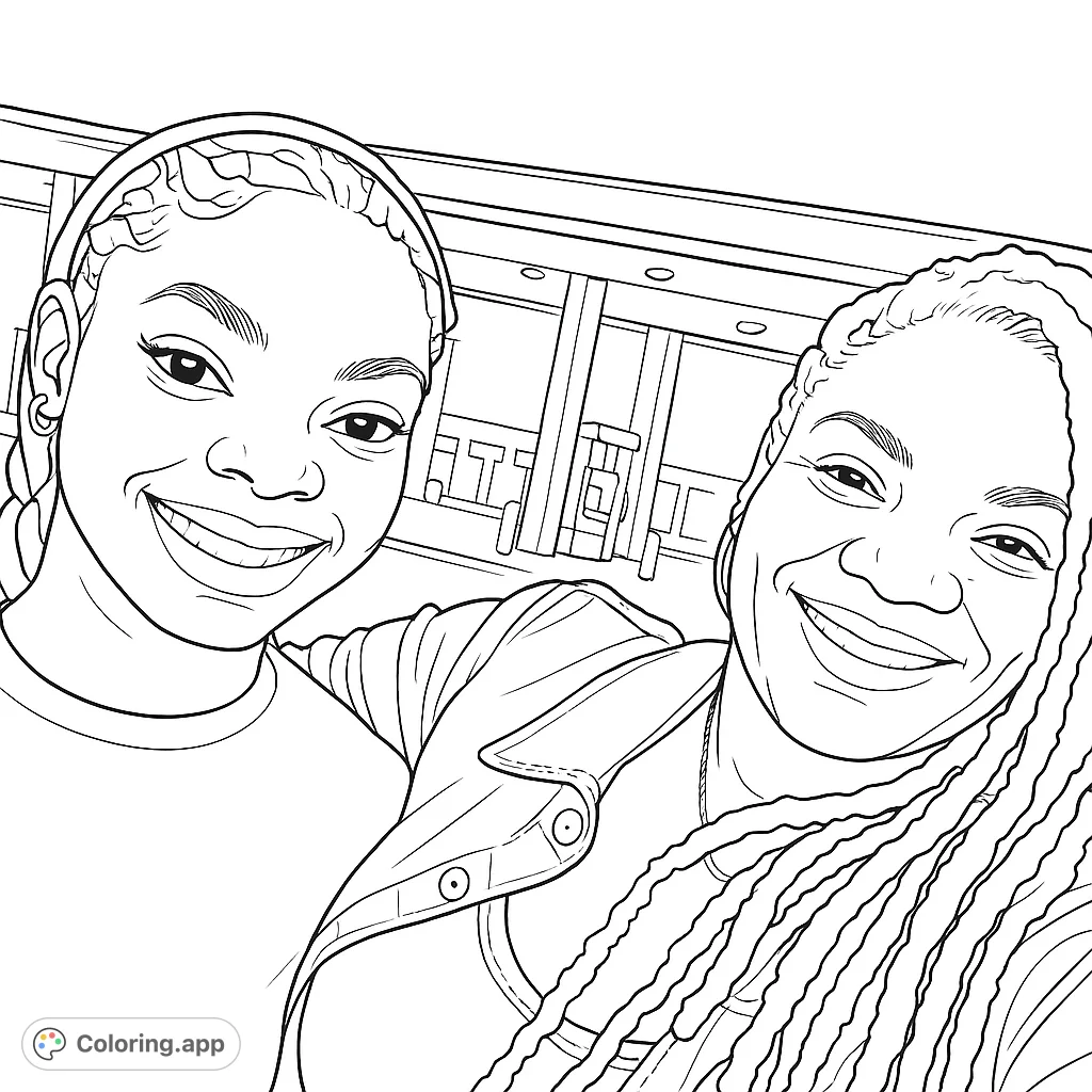 A heartwarming selfie of two smiling women, perfect for a free printable coloring page. Capture their joy with vibrant colors!