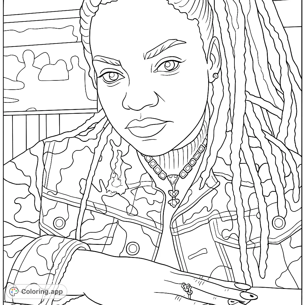 A striking portrait of a person with intricate dreadlocks, wearing a patterned jacket and unique necklace, ready for creative coloring.