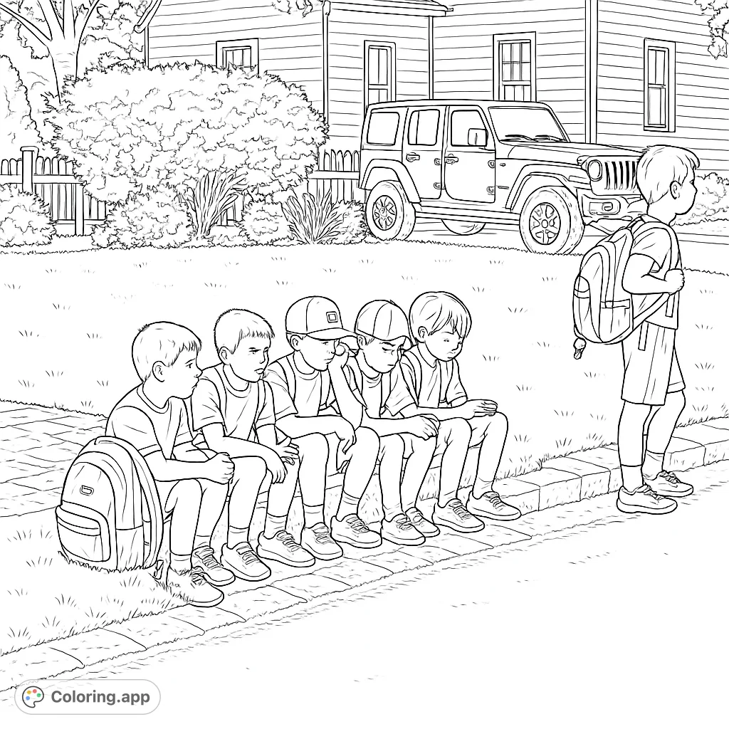A free printable suburban street coloring page featuring six boys, five seated on a curb and one walking away, with a house and car in the background.