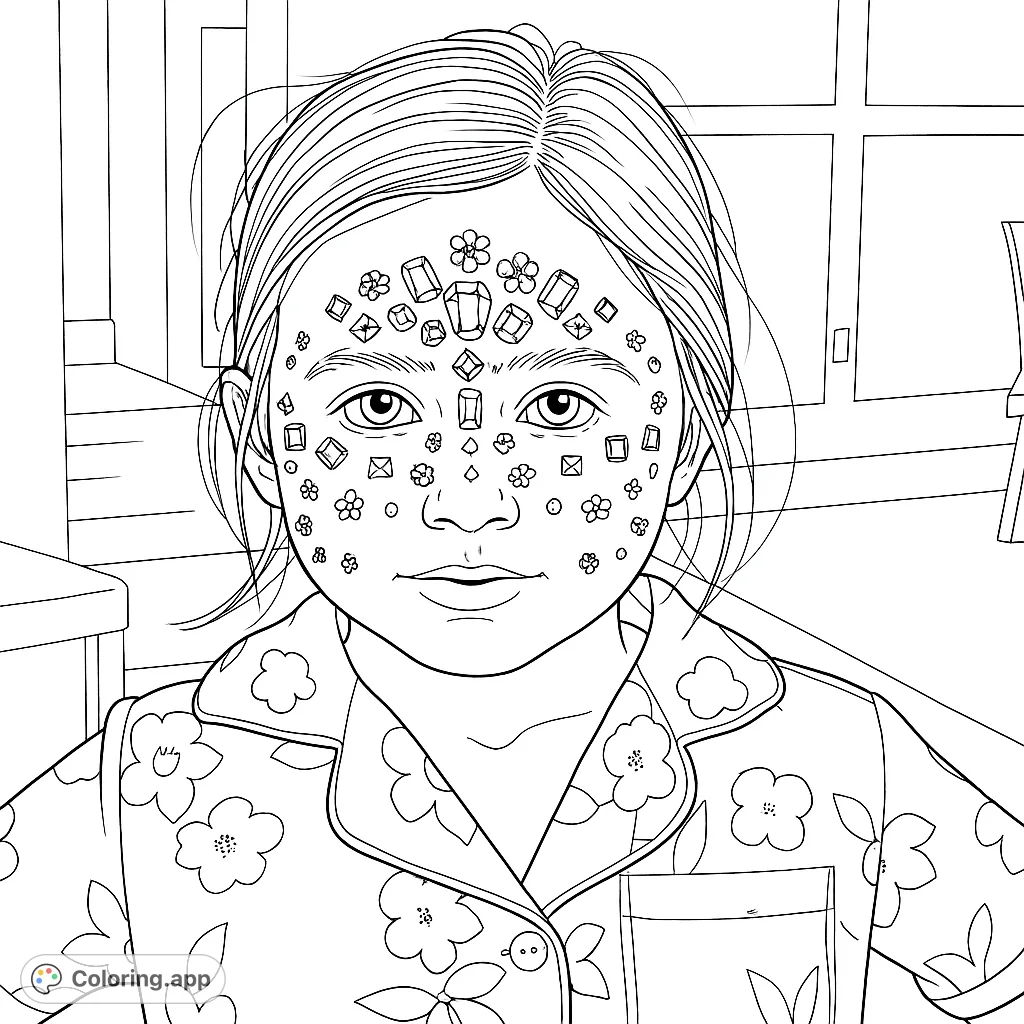 A charming girl with sparkling face gems and floral patterns, ready for a burst of color. A free printable coloring page for creative fun!