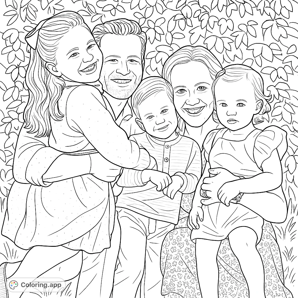 A heartwarming family portrait coloring page featuring two parents and three children smiling amidst lush foliage, perfect for all ages.