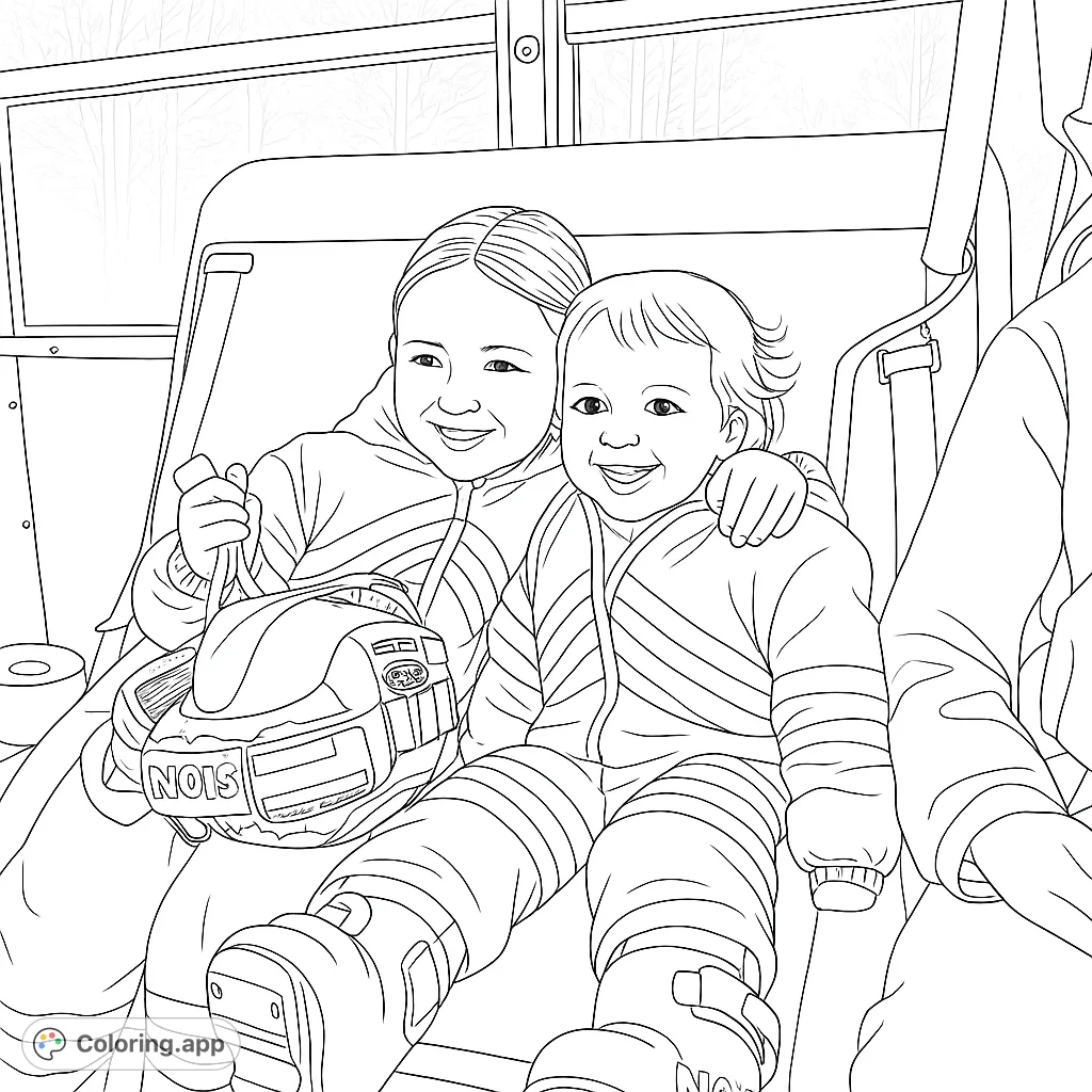 Two smiling children in warm outfits, one holding a helmet, sitting together in a vehicle. A heartwarming free printable coloring page for all ages.