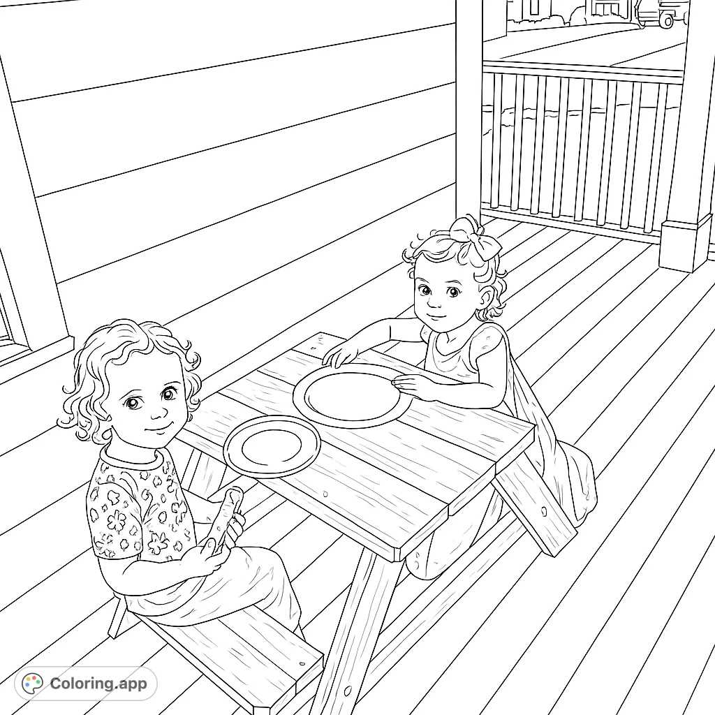 Two happy toddlers enjoy a pretend picnic on a sunny porch, ready for colorful fun. A delightful free printable coloring page for kids.
