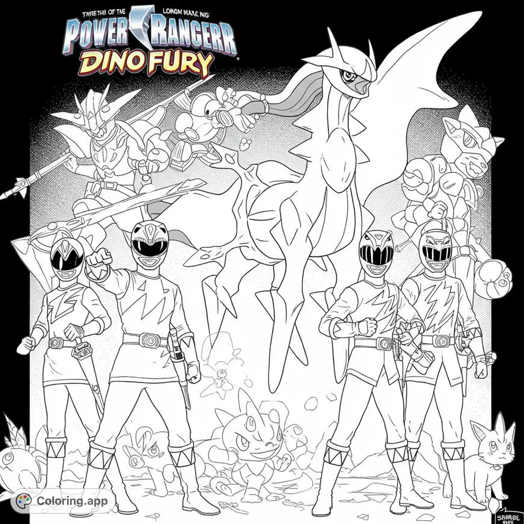 Action-packed Power Rangers Dino Fury coloring page featuring five heroes, a majestic dragon, and powerful robots. Free printable for all ages!